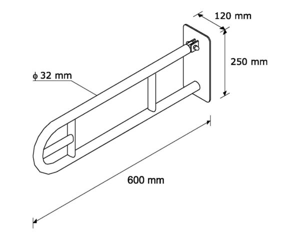 Poręcz uchylna łukowa 600 mm, z uchwytem na papier toaletowy Poręcz uchylna łukowa 600 mm, z uchwytem na papier toaletowy