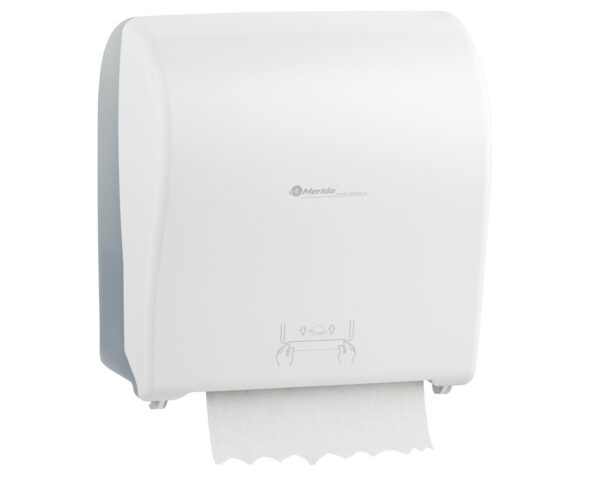 Mechaniczny podajnik ręczników papierowych w rolach MERIDA SOLID CUT AUTOMATIC MAXI, tworzywo ABS, front pełen biały - mat, tył transparentny jasny - mat Mechaniczny podajnik ręczników papierowych w rolach MERIDA SOLID CUT AUTOMATIC MAXI, tworzywo ABS, front pełen biały - mat, tył transparentny jasny - mat