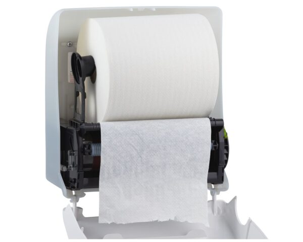 Mechaniczny podajnik ręczników papierowych w rolach MERIDA SOLID CUT AUTOMATIC MAXI, tworzywo ABS, front pełen biały - mat, tył transparentny jasny - mat Mechaniczny podajnik ręczników papierowych w rolach MERIDA SOLID CUT AUTOMATIC MAXI, tworzywo ABS, front pełen biały - mat, tył transparentny jasny - mat