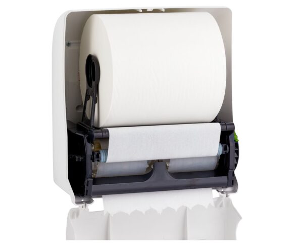 Mechaniczny podajnik ręczników papierowych w rolach MERIDA TOP AUTOMATIC MAXI, tworzywo ABS, biały połysk, okienko niebieskie Mechaniczny podajnik ręczników papierowych w rolach MERIDA TOP AUTOMATIC MAXI, tworzywo ABS, biały połysk, okienko niebieskie