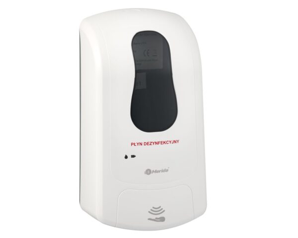 Bezdotykowy automatyczny dozownik płynu dezynfekcyjnego w sprayu MERIDA ONE na jednorazowe wkłady 1000 ml, tworzywo ABS, biały Bezdotykowy automatyczny dozownik płynu dezynfekcyjnego w sprayu MERIDA ONE na jednorazowe wkłady 1000 ml, tworzywo ABS, biały
