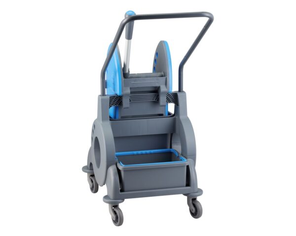 Wózek serwisowy do sprzątania, jednowiadrowy, wiadro 15 l, kuweta 8 l, niebieska prasa Wózek serwisowy do sprzątania, jednowiadrowy, wiadro 15 l, kuweta 8 l, niebieska prasa