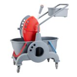 Wózek serwisowy do sprzątania, dwuwiadrowy, 2× wiadro 15 l, kuweta 8 l, czerwona prasa