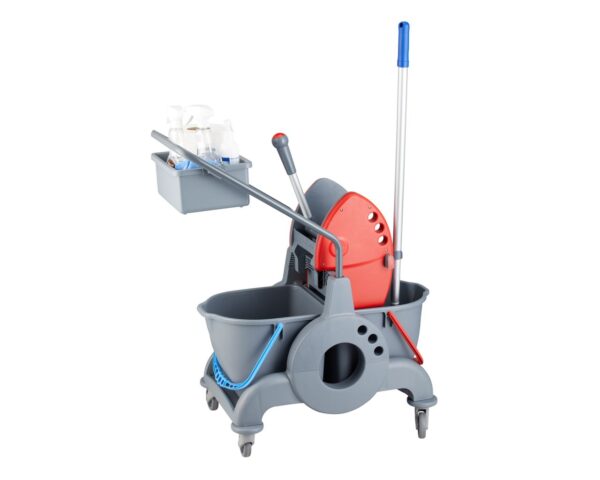 Wózek dwuwiadrowy 30 l (2 x 15 l), z kuwetą 8 l, czerwona prasa Wózek dwuwiadrowy 30 l (2 x 15 l), z kuwetą 8 l, czerwona prasa