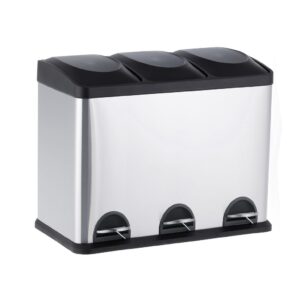 Kosz pedałowy do segregacji odpadów, trzykomorowy, 3 x 15 l, stal matowa
