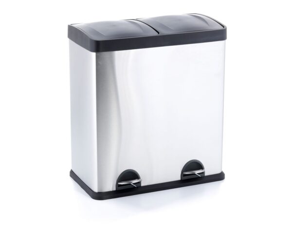 Kosz pedałowy do segregacji, dwukomorowy, 2 x 30 l, stal matowa
