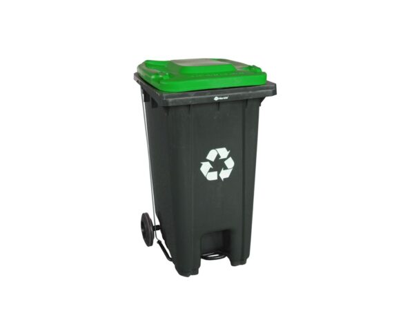 Kosz na odpady SZARY, na kółkach, otwierany przyciskiem pedałowym 120 l, bez pokrywy Kosz na odpady SZARY, na kółkach, otwierany przyciskiem pedałowym 120 l, bez pokrywy