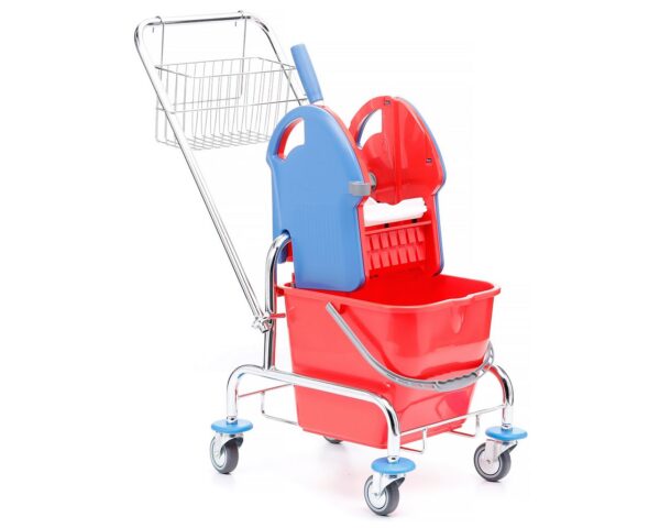 Wózek do sprzątania jednowiadrowy chromowany, wiadro 20 l, prasa do mopów, koszyk metalowy Wózek do sprzątania jednowiadrowy chromowany, wiadro 20 l, prasa do mopów, koszyk metalowy