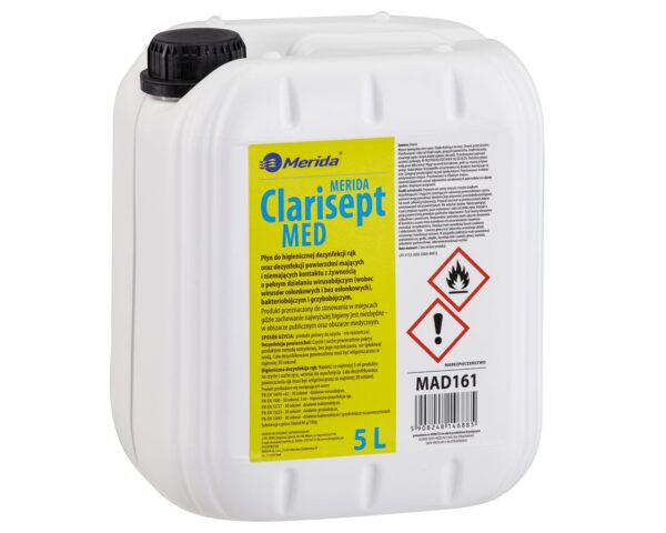 Płyn dezynfekcyjny MERIDA CLARISEPT MED do higienicznej dezynfekcji rąk oraz powierzchni, kanister 5 l Płyn dezynfekcyjny MERIDA CLARISEPT MED do higienicznej dezynfekcji rąk oraz powierzchni, kanister 5 l
