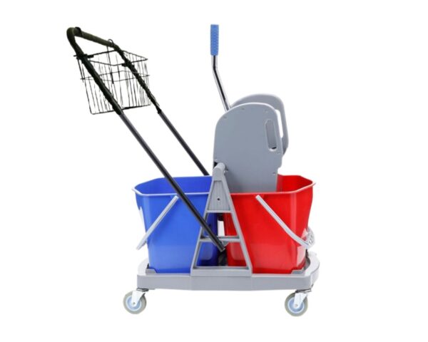 Wózek do sprzątania dwuwiadrowy, dwa wiadra 17 l. prasa do mopów, koszyk metalowy czarny