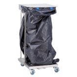 Stelaż na worki, z wolno opadającą pokrywą i przyciskiem pedałowym, na kółkach, stal matowa