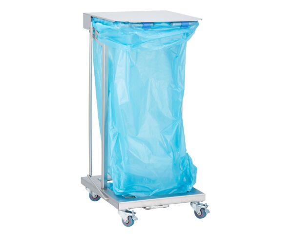 Stelaż na worki, z wolno opadającą pokrywą i przyciskiem pedałowym, na kółkach, stal matowa Stelaż na worki, z wolno opadającą pokrywą i przyciskiem pedałowym, na kółkach, stal matowa