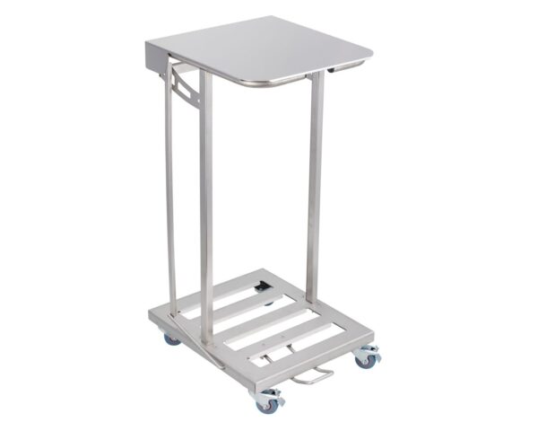 Stelaż na worki, z wolno opadającą pokrywą i przyciskiem pedałowym, na kółkach, stal matowa Stelaż na worki, z wolno opadającą pokrywą i przyciskiem pedałowym, na kółkach, stal matowa