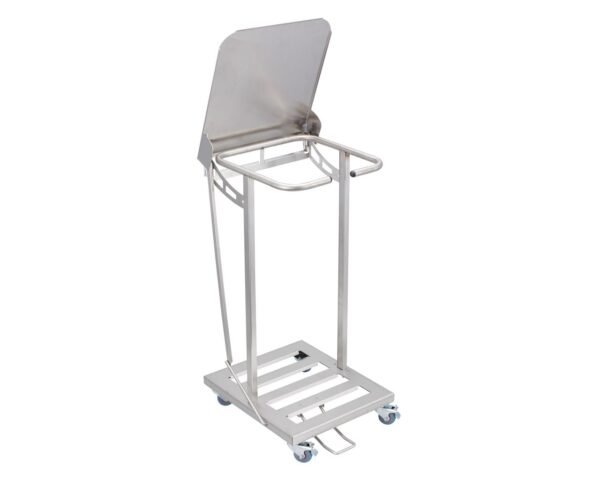 Stelaż na worki, z wolno opadającą pokrywą i przyciskiem pedałowym, na kółkach, stal matowa Stelaż na worki, z wolno opadającą pokrywą i przyciskiem pedałowym, na kółkach, stal matowa