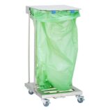 Stelaż na worki, z wolno opadającą pokrywą i przyciskiem pedałowym, na kółkach, stal matowa