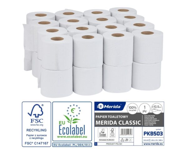 Papier toaletowy MERIDA CLASSIC, biały, średnica 11 cm, długość 50 m, jednowarstwowy, worek 32 szt., ECOLABEL