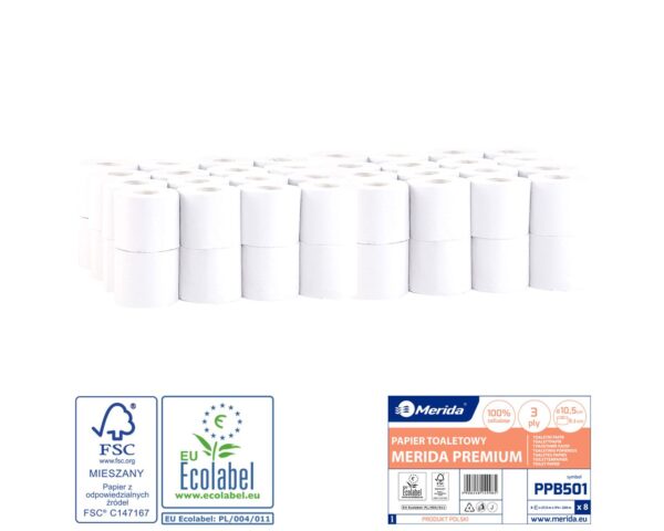 Papier toaletowy MERIDA PREMIUM, biały, średnica 10,5 cm, długość 27,5 m, trzywarstwowy, worek 64 szt., ECOLABEL