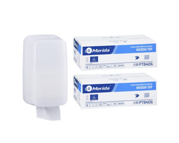 Pojemnik na papier toaletowy w listkach MERIDA HARMONY za 1 zł netto przy zakupie 2 kartonów papierów toaletowych MERIDA TOP PTB406 (18 000 listków)