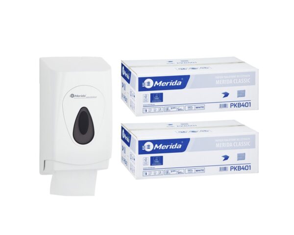 Pojemnik na papier toaletowy w listkach MERIDA TOP za 1 zł netto przy zakupie 2 kartonów papierów toaletowych MERIDA CLASSIC PKB401 (18 000 listków)