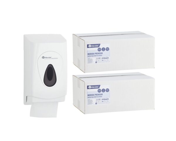 Pojemnik na papier toaletowy w listkach MERIDA TOP za 1 zł netto przy zakupie 2 kartonów papierów toaletowych MERIDA PREMIUM PPB401 (9 600 listków)