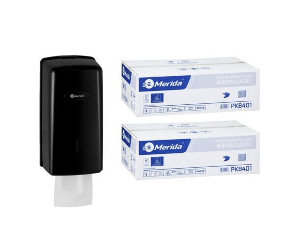 Pojemnik na papier toaletowy w listkach MERIDA ONE za 1 zł netto przy zakupie 2 kartonów papierów toaletowych MERIDA CLASSIC PKB401 (18 000 listków)