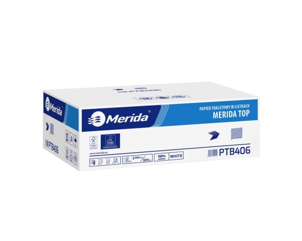 Papier toaletowy w listkach, MERIDA TOP ECOLABEL, dwuwarstwowy, biały, karton 9000 szt. Papier toaletowy w listkach, MERIDA TOP ECOLABEL, dwuwarstwowy, biały, karton 9000 szt.