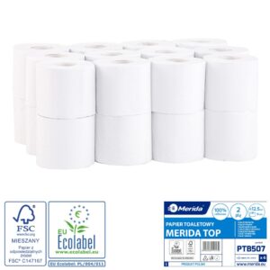 Papier toaletowy MERIDA TOP, biały, średnica 12,5 cm, długość 68 m, dwuwarstwowy, worek 24 szt., ECOLABEL