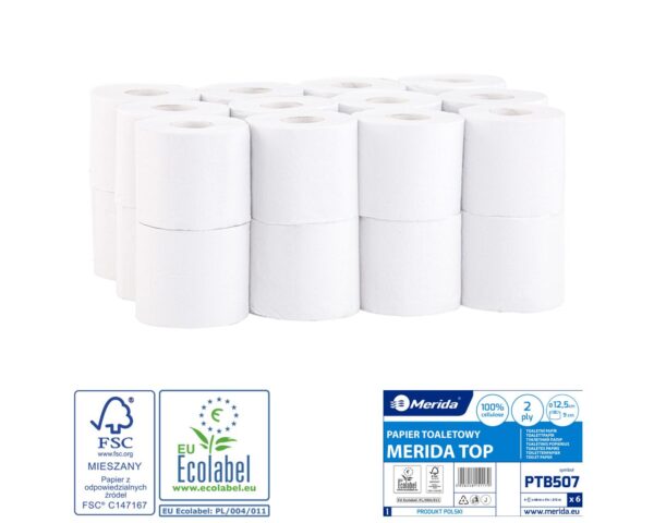 Papier toaletowy MERIDA TOP, biały, średnica 12,5 cm, długość 68 m, dwuwarstwowy, worek 24 szt., ECOLABEL