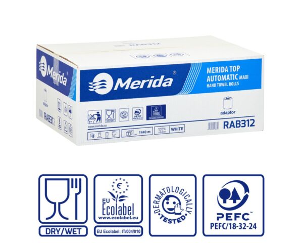 Ręczniki papierowe w roli z adaptorem MERIDA TOP AUTOMATIC MAXI, białe, średnica 19,5 cm, długość 240 m, dwuwarstwowe, karton 6 rolek, ECOLABEL Ręczniki papierowe w roli z adaptorem MERIDA TOP AUTOMATIC MAXI, białe, średnica 19,5 cm, długość 240 m, dwuwarstwowe, karton 6 rolek, ECOLABEL