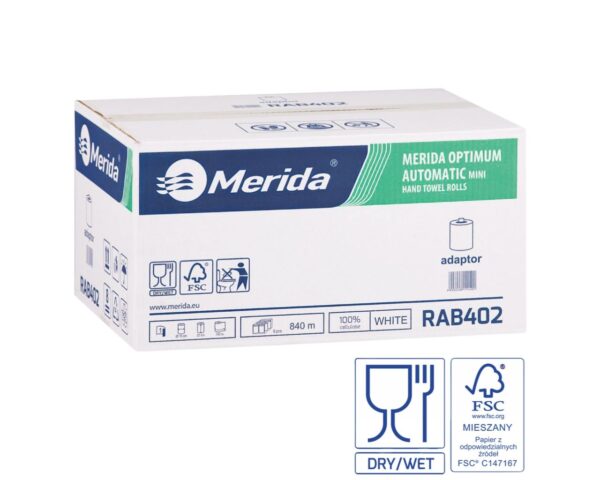 Ręczniki papierowe w roli z adaptorem MERIDA OPTIMUM AUTOMATIC MINI, białe, średnica 15 cm, długość 140 m, jednowarstwowe, karton 6 rolek Ręczniki papierowe w roli z adaptorem MERIDA OPTIMUM AUTOMATIC MINI, białe, średnica 15 cm, długość 140 m, jednowarstwowe, karton 6 rolek