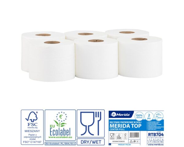 Ręczniki papierowe w roli MERIDA TOP CENTER PULL MINI, białe, średnica 17 cm, długość 130 m, dwuwarstwowe, zgrzewka 6 rolek, ECOLABEL Ręczniki papierowe w roli MERIDA TOP CENTER PULL MINI, białe, średnica 17 cm, długość 130 m, dwuwarstwowe, zgrzewka 6 rolek, ECOLABEL