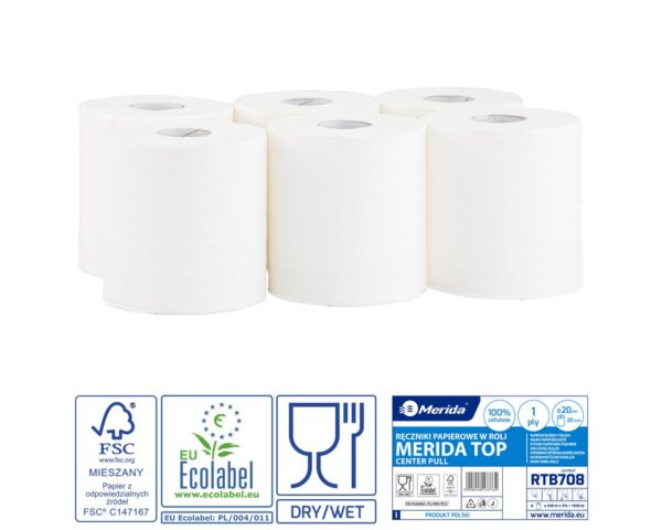 Ręczniki papierowe w roli MERIDA TOP CENTER PULL MAXI, białe, średnica 20 cm , długość 320 m, jednowarstwowe, zgrzewka 6 rolek, ECOLABEL Ręczniki papierowe w roli MERIDA TOP CENTER PULL MAXI, białe, średnica 20 cm , długość 320 m, jednowarstwowe, zgrzewka 6 rolek, ECOLABEL