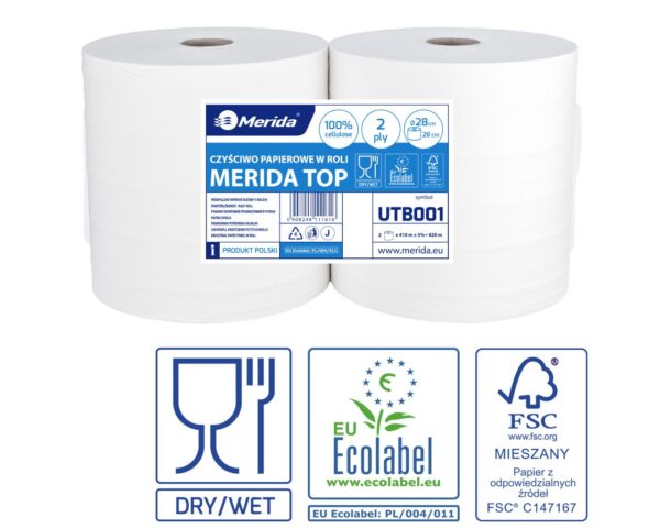 Czyściwo papierowe MERIDA TOP 28, długość 410 m, dwuwarstwowe, BIAŁE, zgrzewka 2 sztuki, ECOLABEL Czyściwo papierowe MERIDA TOP 28, długość 410 m, dwuwarstwowe, BIAŁE, zgrzewka 2 sztuki, ECOLABEL