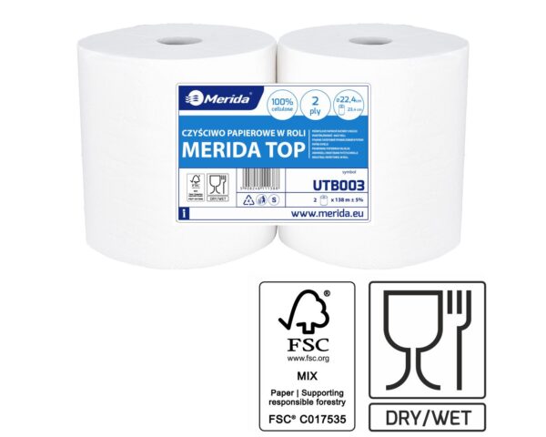 Czyściwo papierowe MERIDA TOP 22.5, długość 137,5 m, dwuwarstwowe, BIAŁE, zgrzewka 2 sztuki Czyściwo papierowe MERIDA TOP 22.5, długość 137,5 m, dwuwarstwowe, BIAŁE, zgrzewka 2 sztuki