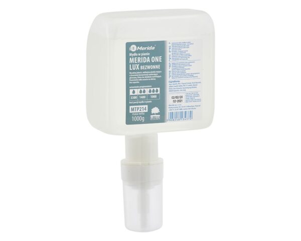 Mydło w pianie MERIDA ONE LUX AUTOMATIC BEZWONNE, jednorazowy wkład z pompką spieniającą do dozowników automatycznych, 1000 g, bez zapachu Mydło w pianie MERIDA ONE LUX AUTOMATIC BEZWONNE, jednorazowy wkład z pompką spieniającą do dozowników automatycznych, 1000 g, bez zapachu