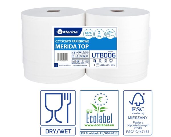 Czyściwo papierowe MERIDA TOP 24, długość 300 m, dwuwarstwowe, BIAŁE, zgrzewka 2 sztuki, ECOLABEL Czyściwo papierowe MERIDA TOP 24, długość 300 m, dwuwarstwowe, BIAŁE, zgrzewka 2 sztuki, ECOLABEL