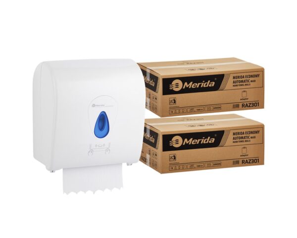 Mechaniczny podajnik ręczników MERIDA TOP niebieski za 100 zł netto przy zakupie 2 kartonów ręczników MERIDA ECONOMY AUTOMATIC RAZ301 (12 x 250 m = 3 000 m, 12 500 listków)