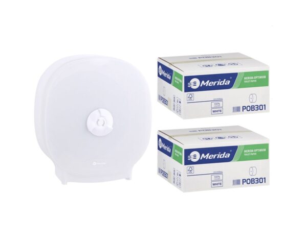 Pojemnik na cztery rolki papieru toaletowego bez gilzy MERIDA HARMONY za 75 zł netto przy zakupie 2 kartonów papiery toaletowego MERIDA OPTIMUM POB301 (36 x 85 m = 3060 m, 12 240 listków)
