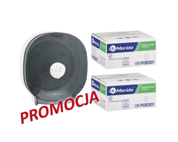 Pojemnik na cztery rolki papieru toaletowego bez gilzy MERIDA ONE biały za 75 zł netto przy zakupie 2 kartonów papiery toaletowego MERIDA OPTIMUM POB301 (36 x 85 m = 3060 m, 12 240 listków)