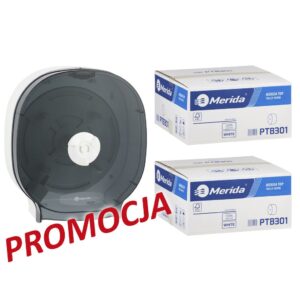 Pojemnik na cztery rolki papieru toaletowego bez gilzy MERIDA ONE biały za 75 zł netto przy zakupie 2 kartonów papiery toaletowego MERIDA TOP PTB301 (36 x 85 m = 3060 m, 12 240 listków)