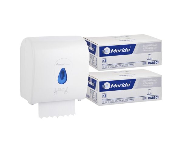 Mechaniczny podajnik ręczników MERIDA TOP niebieski za 100 zł netto przy zakupie 2 kartonów ręczników MERIDA CLASSIC AUTOMATIC RAB301 (12 x 250 m = 3 000 m, 12 500 listków)