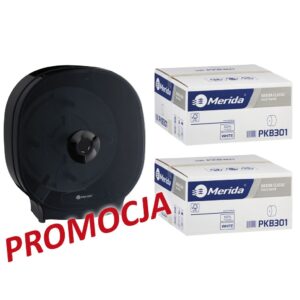 Pojemnik na cztery rolki papieru toaletowego bez gilzy MERIDA ONE czarny za 75 zł netto przy zakupie 2 kartonów papiery toaletowego MERIDA CLASSIC PKB301 (36 x 125 m = 4500 m, 18 000 listków)