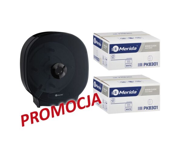 Pojemnik na cztery rolki papieru toaletowego bez gilzy MERIDA ONE czarny za 75 zł netto przy zakupie 2 kartonów papiery toaletowego MERIDA CLASSIC PKB301 (36 x 125 m = 4500 m, 18 000 listków)