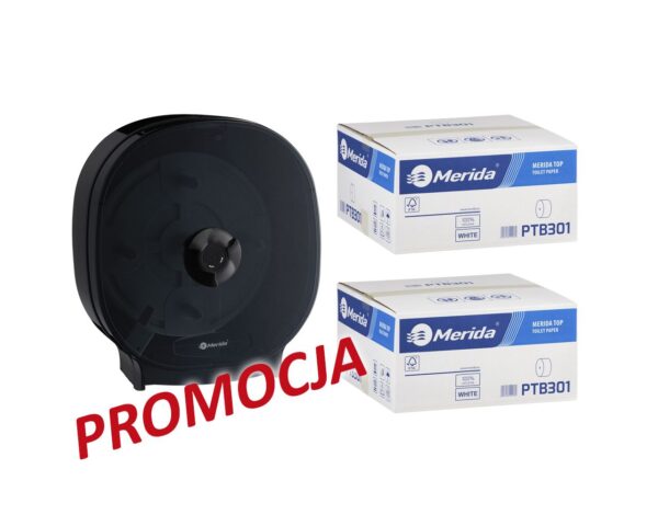 Pojemnik na cztery rolki papieru toaletowego bez gilzy MERIDA ONE czarny za 75 zł netto przy zakupie 2 kartonów papiery toaletowego MERIDA TOP PTB301 (36 x 85 m = 3060 m, 12 240 listków)