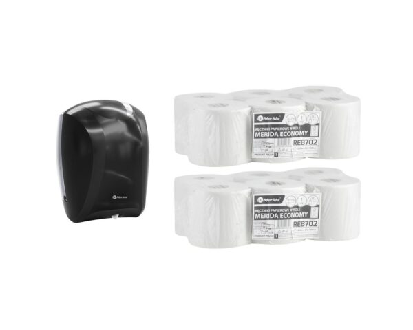 Pojemnik na ręczniki w roli CENTER PULL czarny za 75 zł netto przy zakupie 2 opakowań ręczników w roli MERIDA ECONOMY MINI REB702 (12 x 210 m = 2520 m)