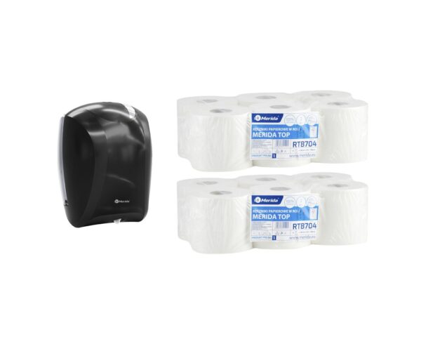 Pojemnik na ręczniki w roli CENTER PULL czarny za 75 zł netto przy zakupie 2 opakowań ręczników w roli MERIDA TOP MINI RTB704 (12 x 130 m = 1560 m) Pojemnik na ręczniki w roli CENTER PULL czarny za 75 zł netto przy zakupie 2 opakowań ręczników w roli MERIDA TOP MINI RTB704 (12 x 130 m = 1560 m)
