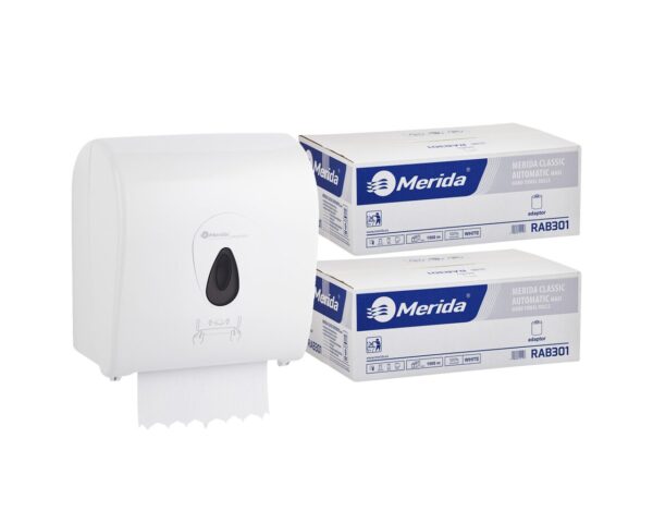 Mechaniczny podajnik ręczników MERIDA TOP szary za 100 zł netto przy zakupie 2 kartonów ręczników MERIDA CLASSIC AUTOMATIC RAB301 (12 x 250 m = 3 000 m, 12 500 listków)
