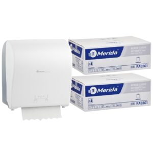 Mechaniczny podajnik ręczników MERIDA SOLID CUT za 100 zł netto przy zakupie 2 kartonów ręczników MERIDA CLASSIC AUTOMATIC RAB301 (12 x 250 m = 3 000 m, 12 500 listków)