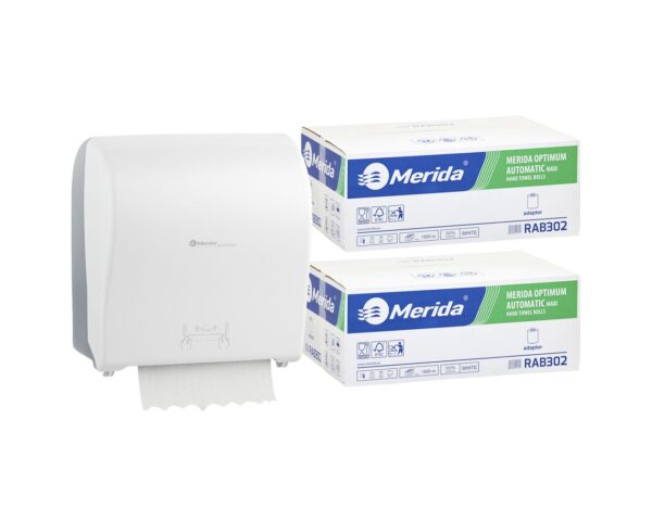 Mechaniczny podajnik ręczników MERIDA SOLID CUT za 100 zł netto przy zakupie 2 kartonów ręczników MERIDA OPTIMUM AUTOMATIC RAB302 (12 x 250 m = 3 000 m, 11 100 listków)