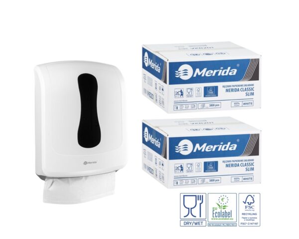 Pojemnik na ręczniki składane MERIDA ONE biały za 1 zł netto przy zakupie 2 kartonów ręczników składanych MERIDA CLASSIC SLIM ECOLABEL VKB201 (2 x 3000 = 6 000 listków)
